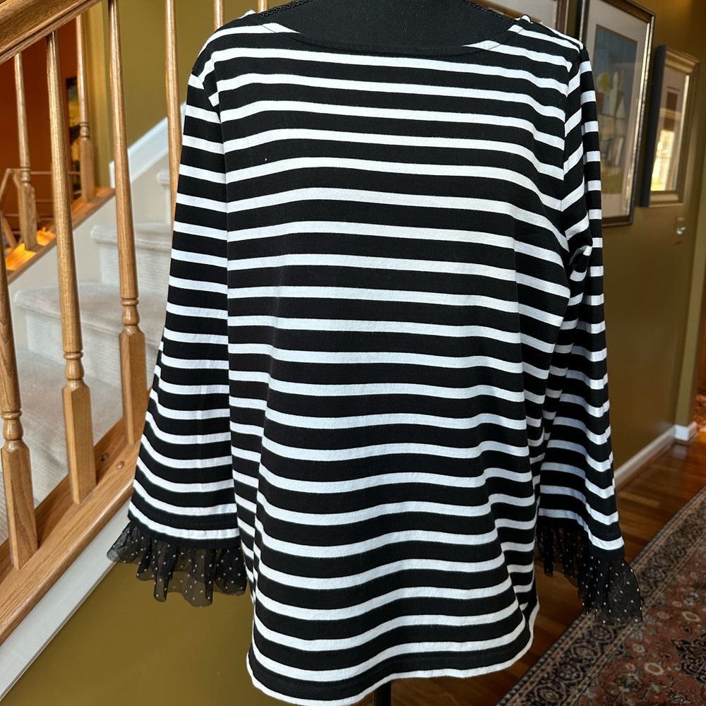 J. Crew Black & White Stripes Tee with Tulle Cuffs